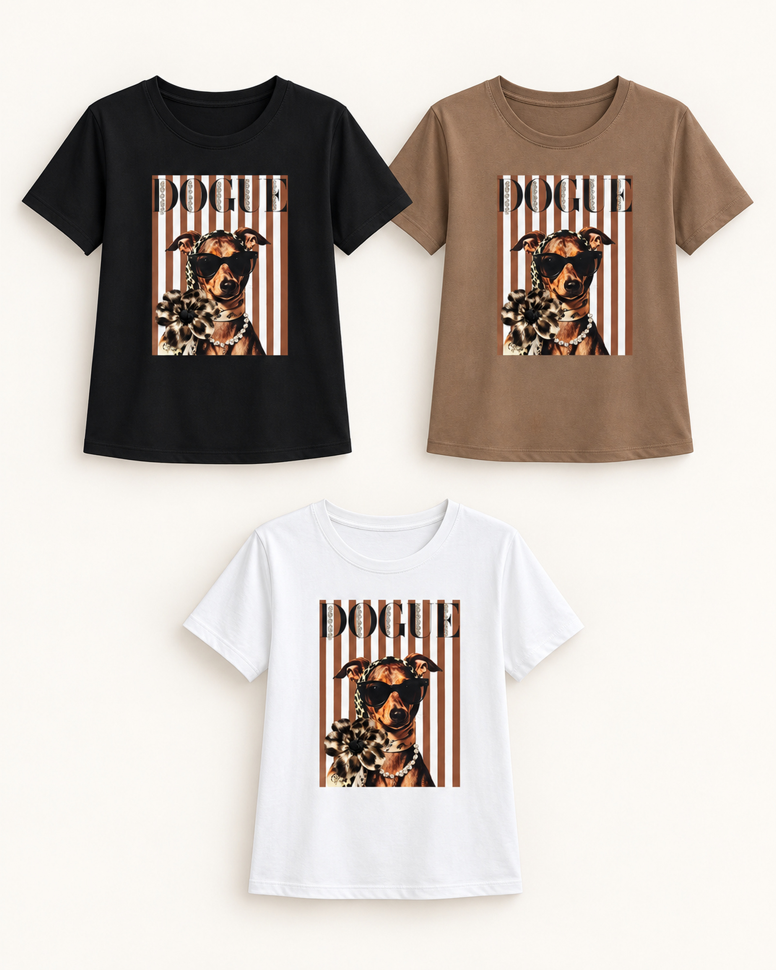 Custom Women’s DOGUE Dog Graphic T-Shirt — VTTS-0046 VTTS-0046 T-shirt color options: black, taupe-brown and white