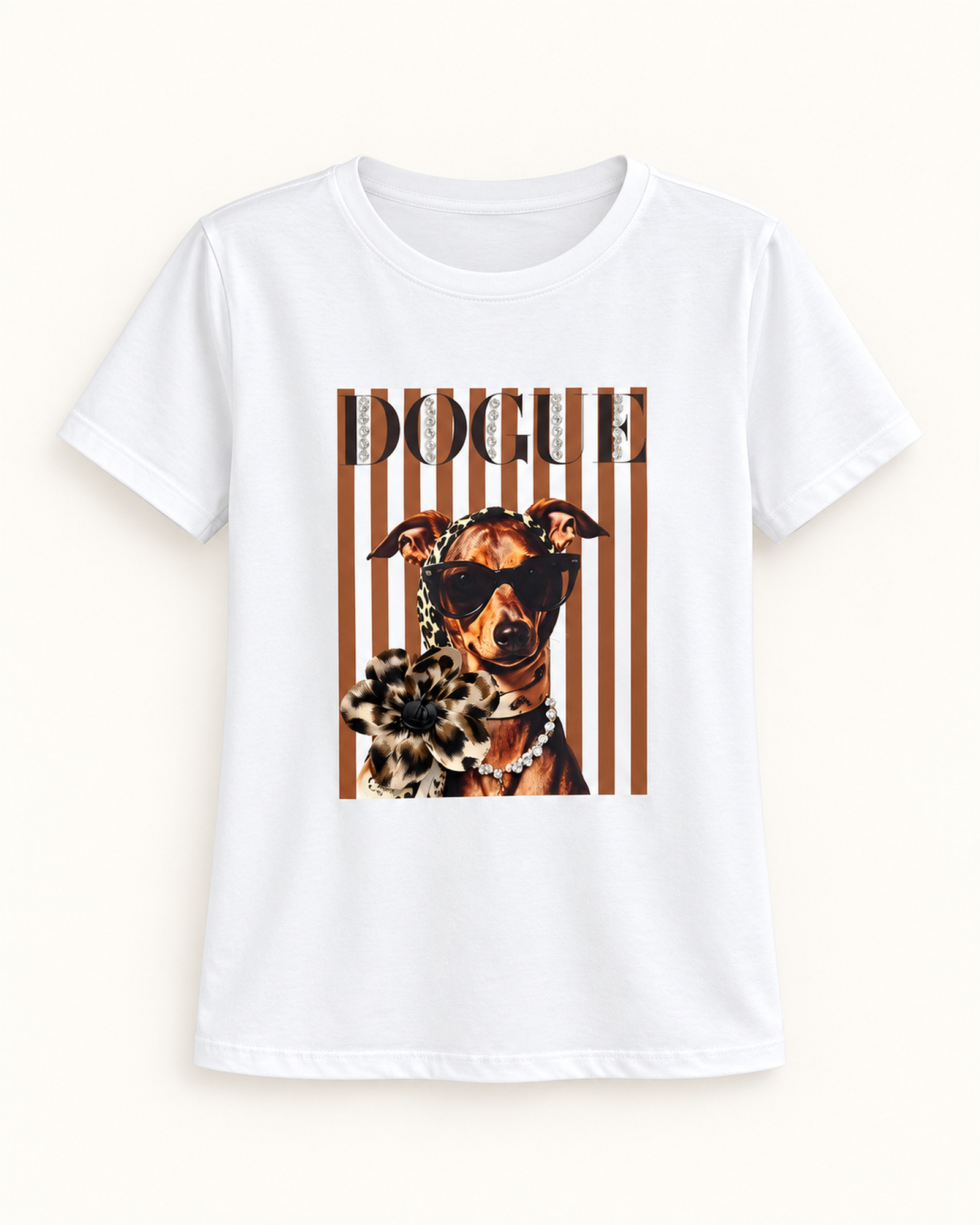 Custom Women’s DOGUE Dog Graphic T-Shirt — VTTS-0046 Women’s dog portrait graphic with dogue lettering and vertical stripes T-shirt, front view