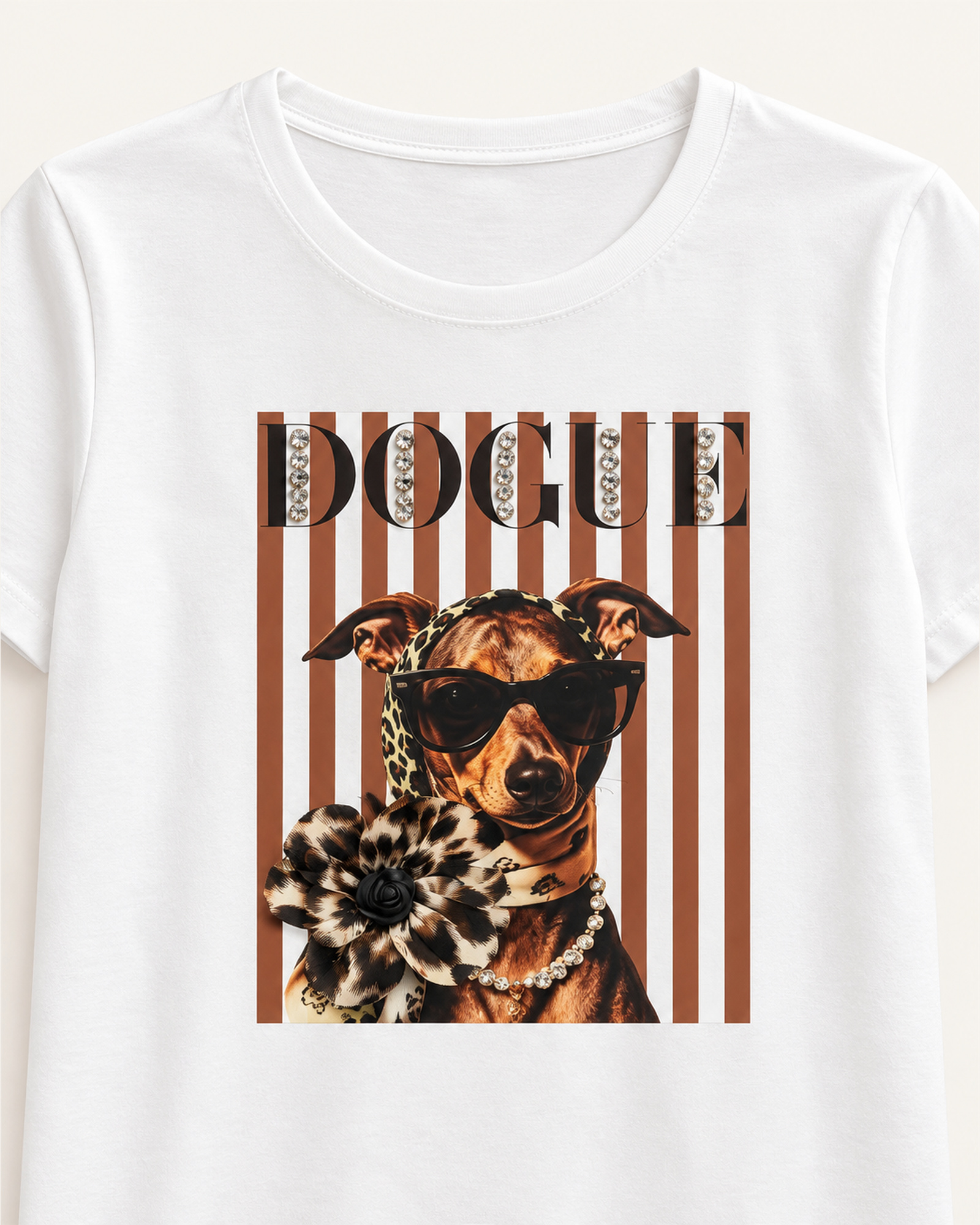 Custom Women’s DOGUE Dog Graphic T-Shirt — VTTS-0046 Close-up of the dog portrait graphic with dogue lettering and vertical stripes on VTTS-0046