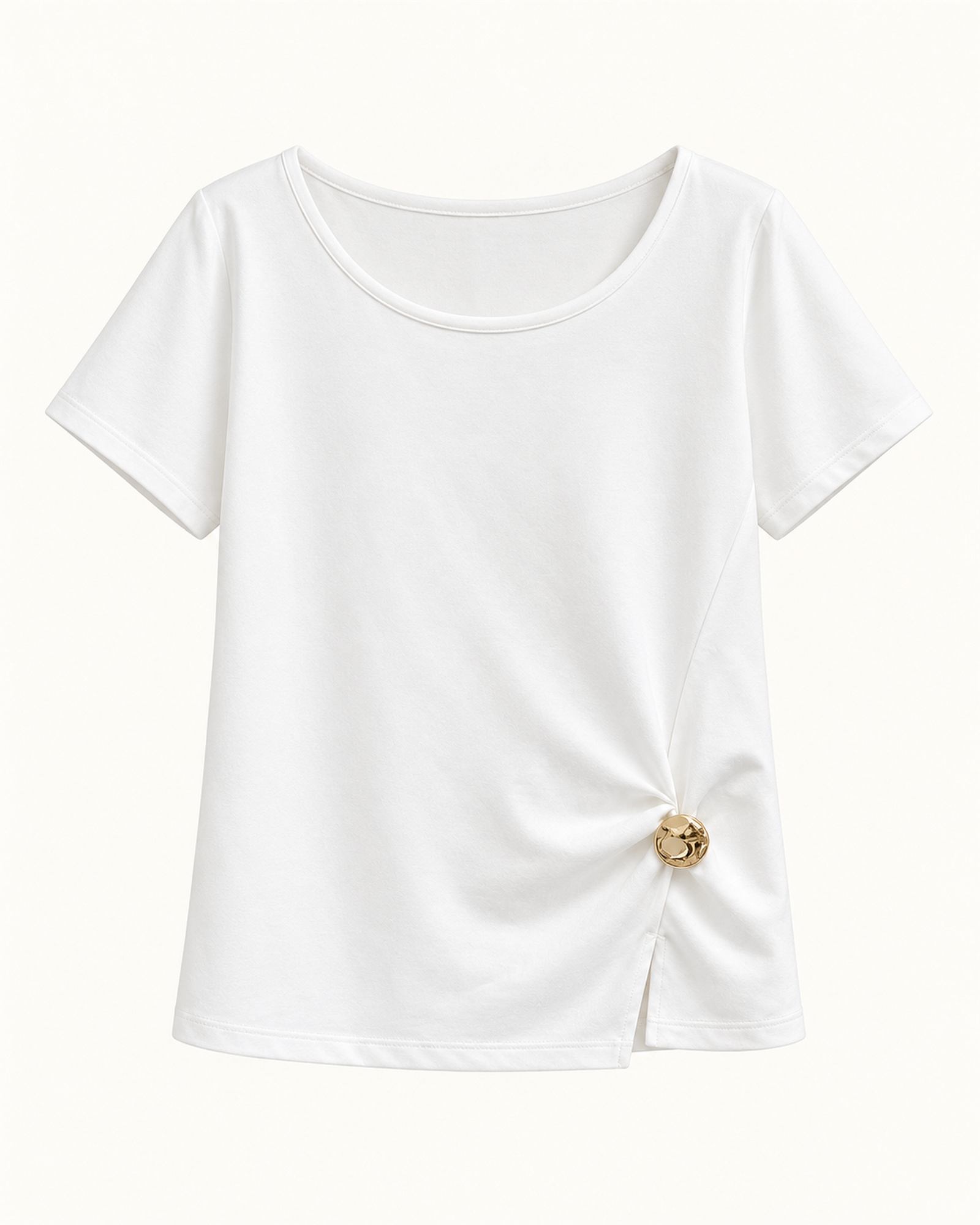 Women’s side-gathered hem finished with a gold-tone ornament T-shirt, front view