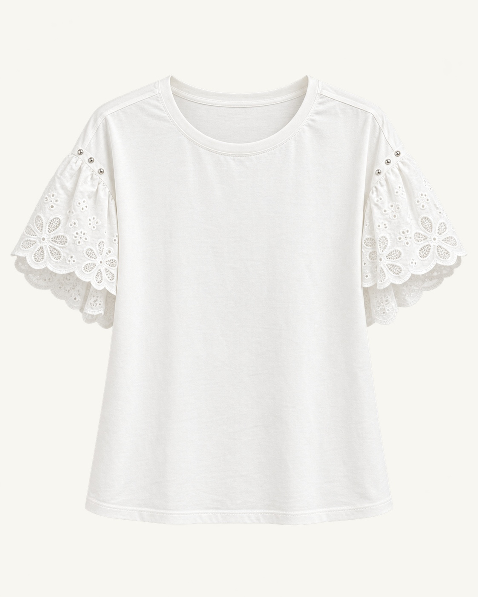 Women’s scalloped eyelet lace panels on short sleeves T-shirt, front view