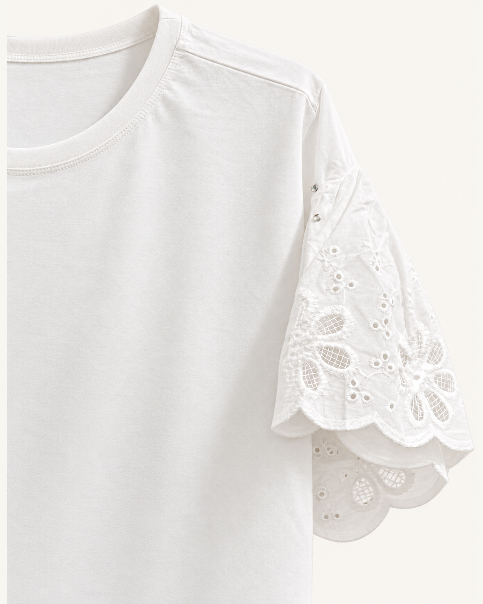 Custom Women’s Eyelet Lace-Sleeve T-Shirt — VTTS-0048 Close-up of the scalloped eyelet lace panels on short sleeves on VTTS-0048