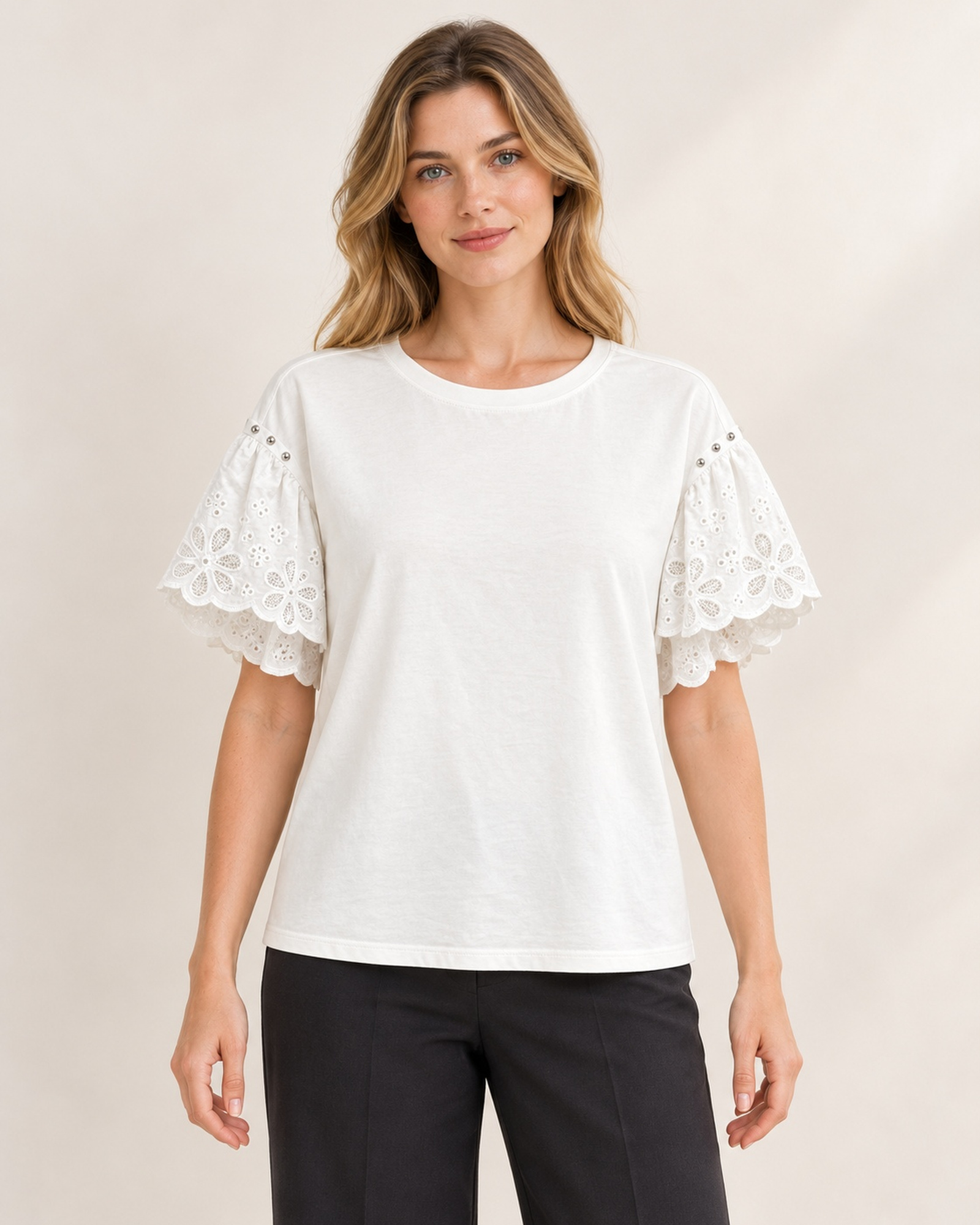 Custom Women’s Eyelet Lace-Sleeve T-Shirt — VTTS-0048 Model wearing the VTTS-0048 women’s short-sleeve T-shirt