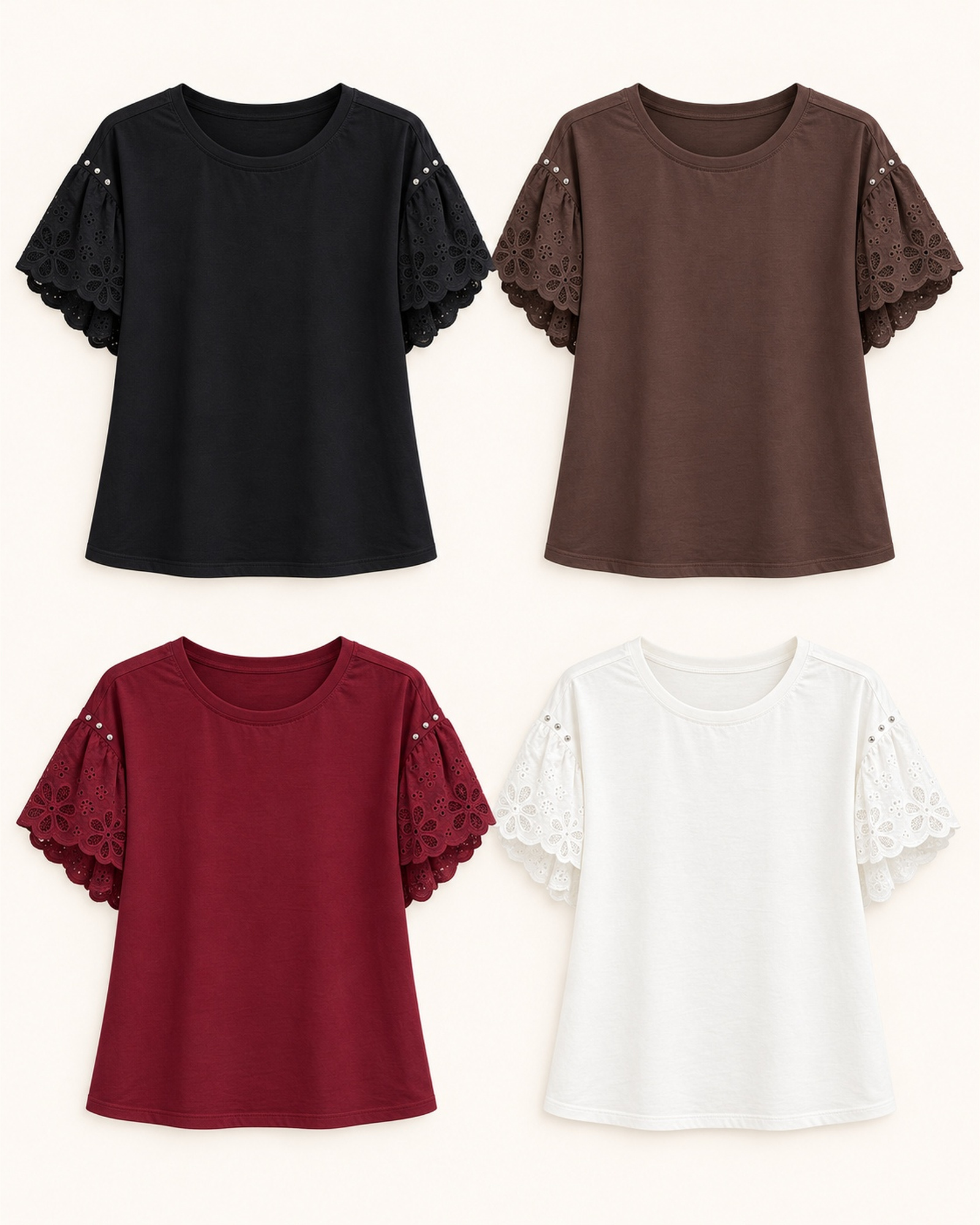 Custom Women’s Eyelet Lace-Sleeve T-Shirt — VTTS-0048 VTTS-0048 T-shirt color options: black, chocolate brown, burgundy and white