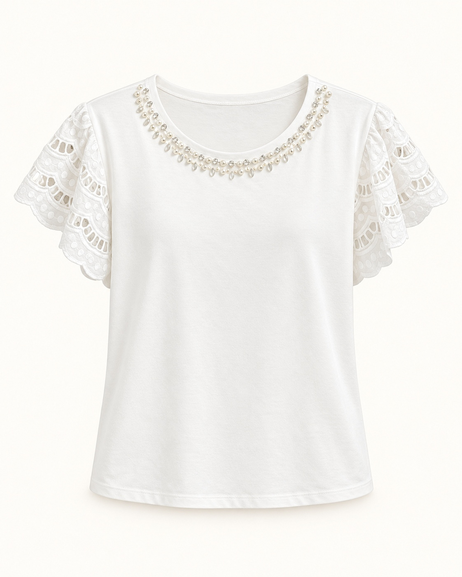 Women’s scalloped lace sleeves with a decorative neckline trim T-shirt, front view
