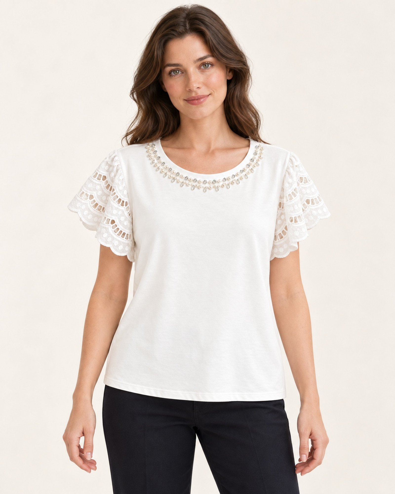 Model wearing the VTTS-0049 women’s short-sleeve T-shirt
