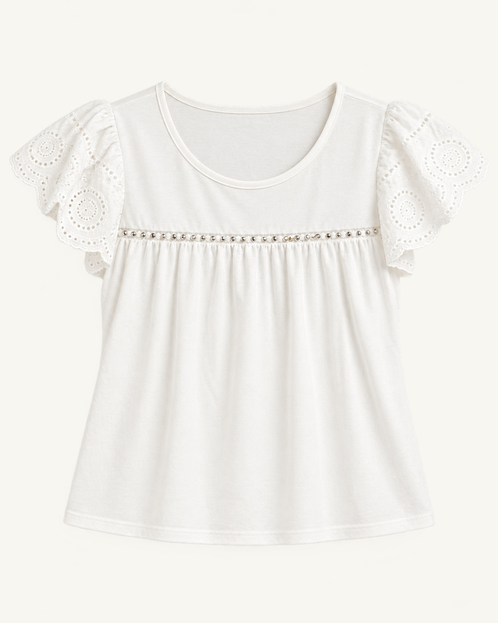 Women’s lace sleeves and a gathered horizontal seam across the upper bodice T-shirt, front view