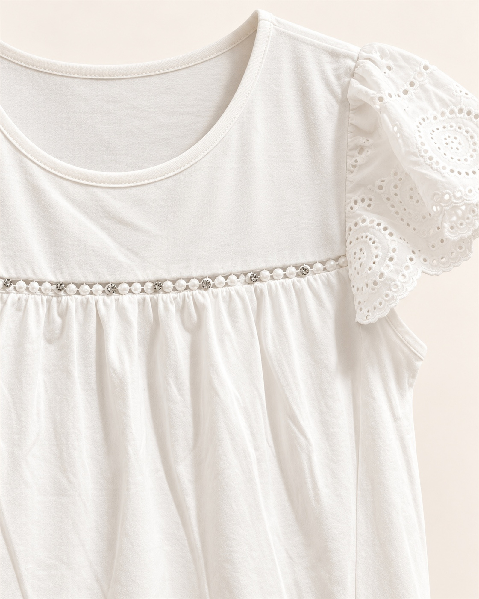 Custom Women’s Lace-Sleeve T-Shirt with Gathered Waist Seam — VTTS-0050 Close-up of the lace sleeves and a gathered horizontal seam across the upper bodice on VTTS-0050