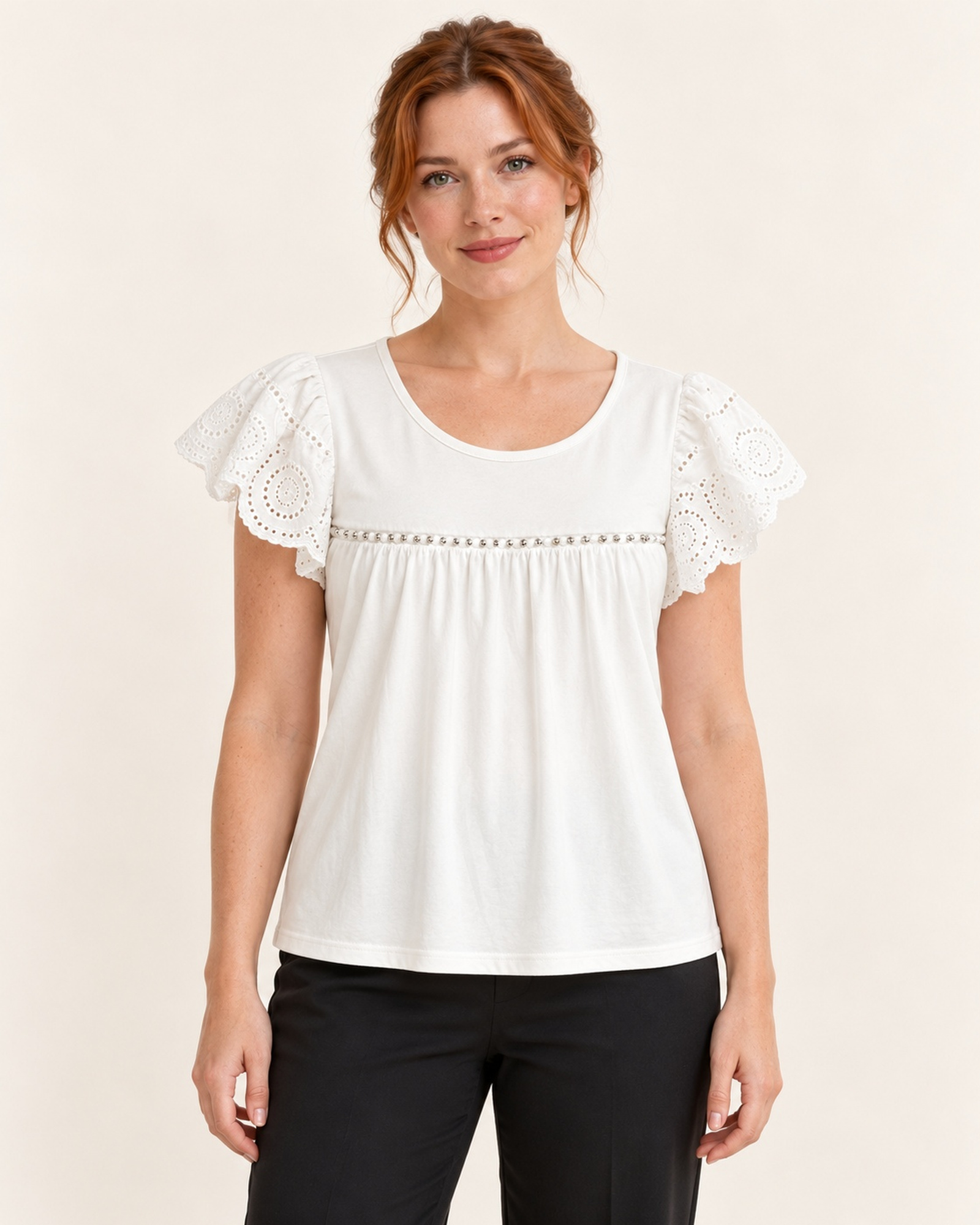 Custom Women’s Lace-Sleeve T-Shirt with Gathered Waist Seam — VTTS-0050 Model wearing the VTTS-0050 women’s short-sleeve T-shirt