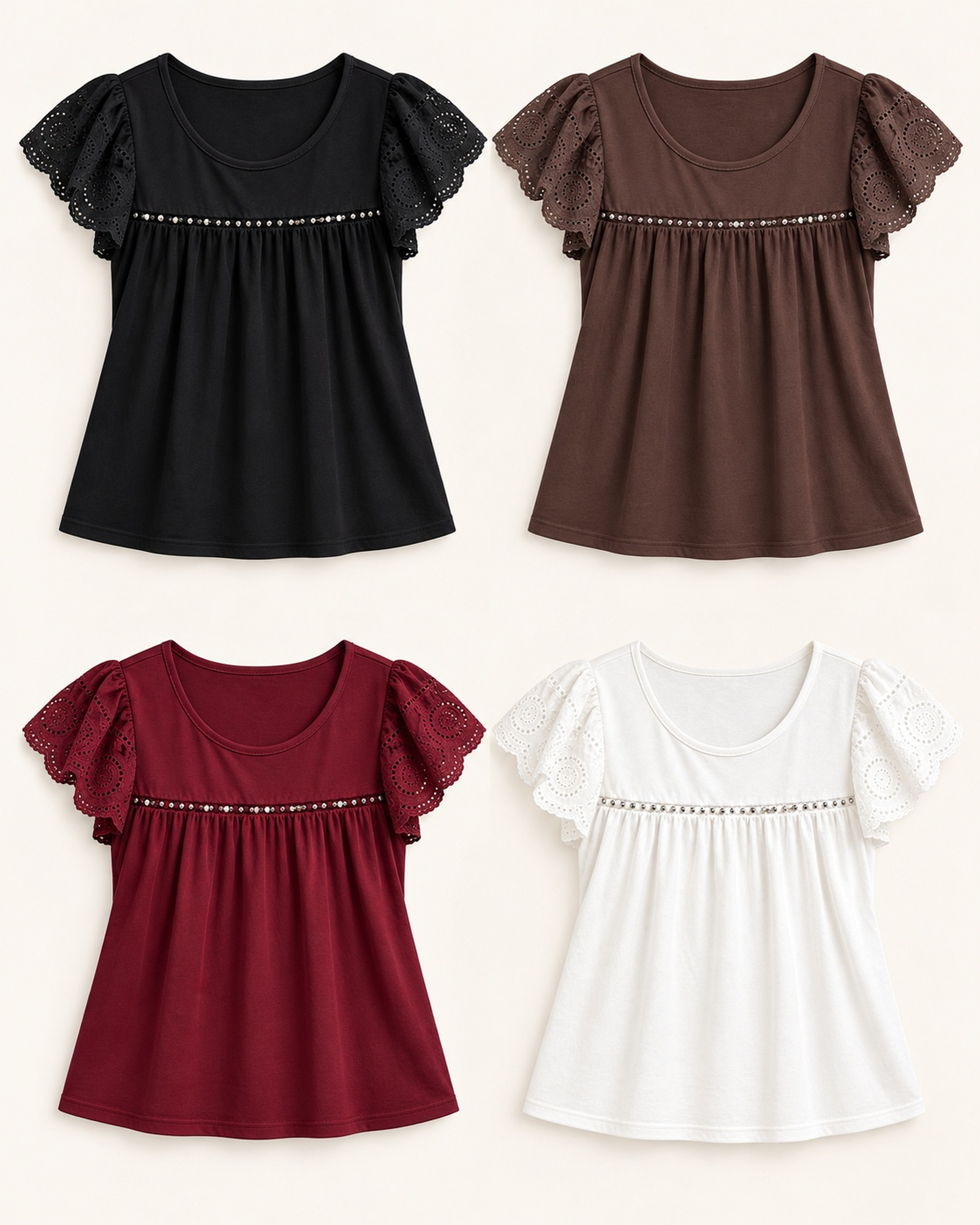 Custom Women’s Lace-Sleeve T-Shirt with Gathered Waist Seam — VTTS-0050 VTTS-0050 T-shirt color options: black, chocolate brown, burgundy and white