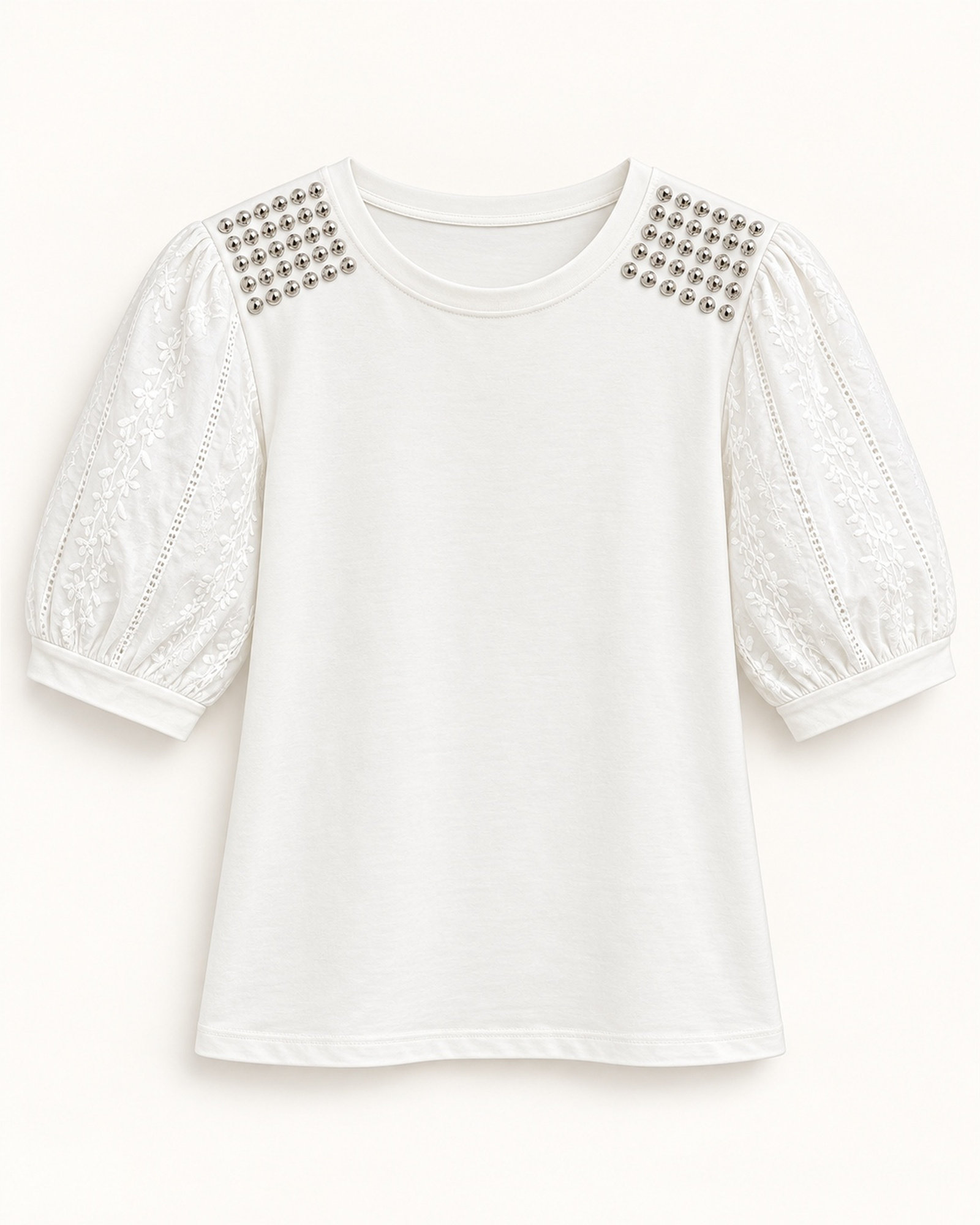 Women’s eyelet puff sleeves with square embellished shoulder panels T-shirt, front view