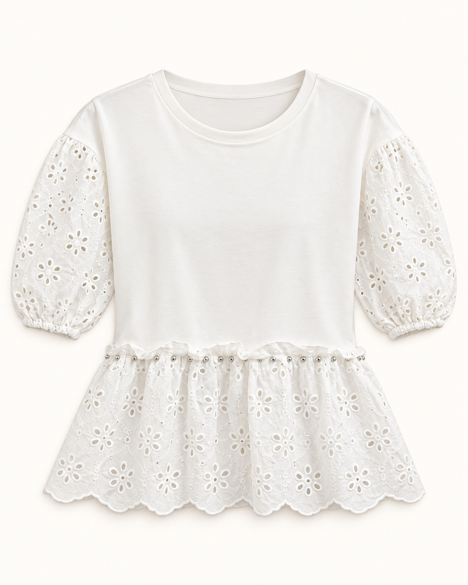 Women’s eyelet lace short sleeves and a flared lace peplum hem T-shirt, front view