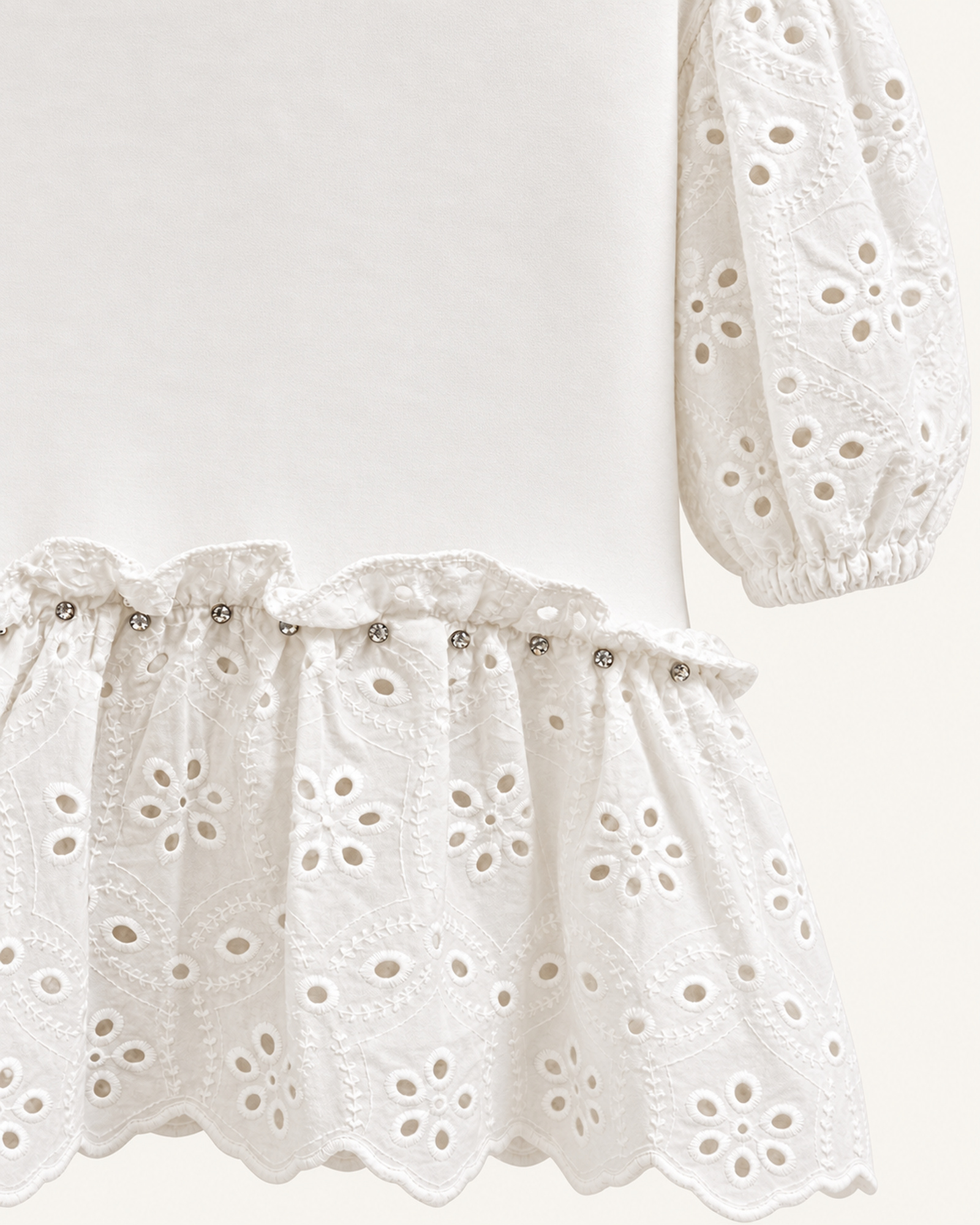 Custom Women’s Eyelet Lace Peplum T-Shirt — VTTS-0052 Close-up of the eyelet lace short sleeves and a flared lace peplum hem on VTTS-0052