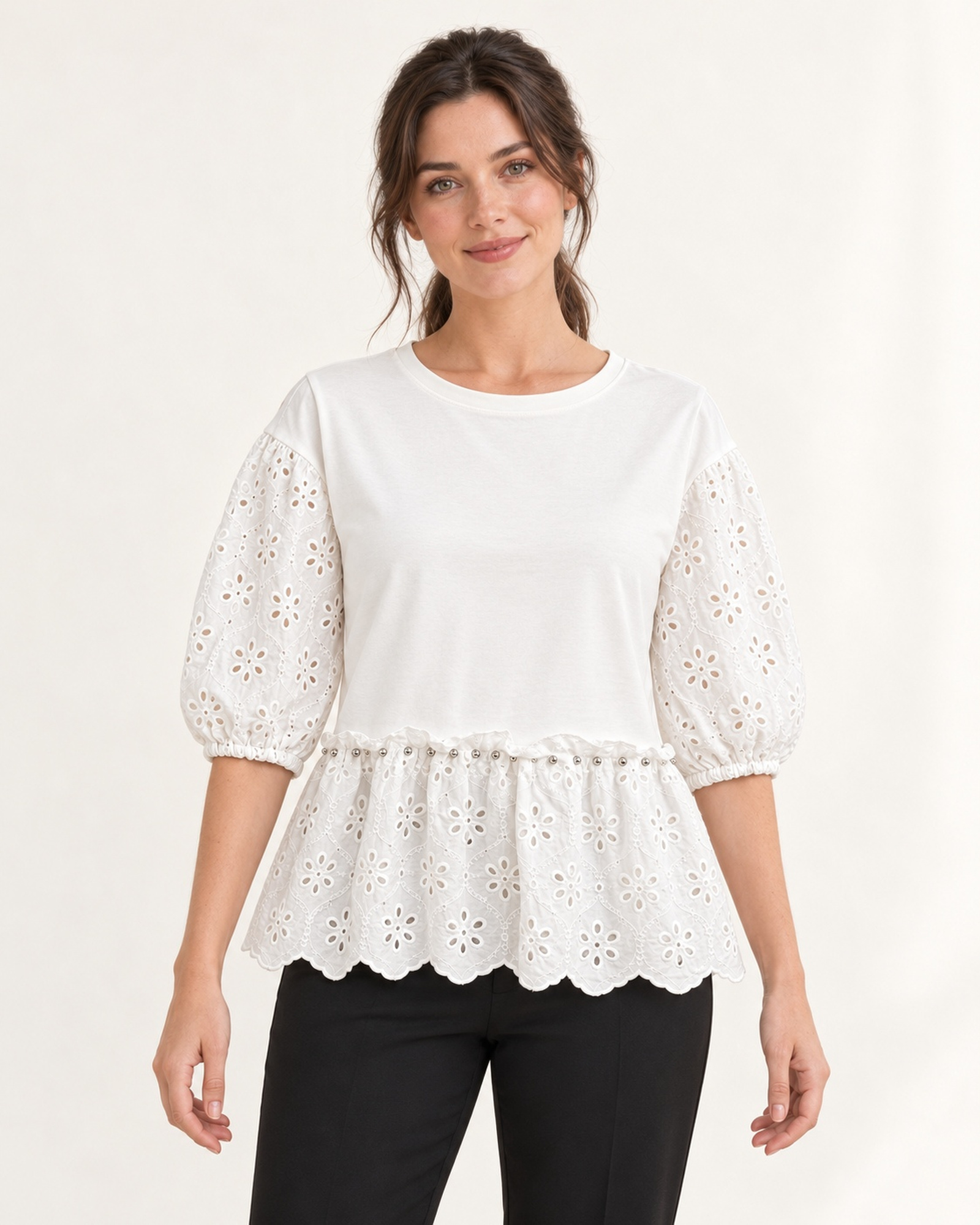 Custom Women’s Eyelet Lace Peplum T-Shirt — VTTS-0052 Model wearing the VTTS-0052 women’s short-sleeve T-shirt