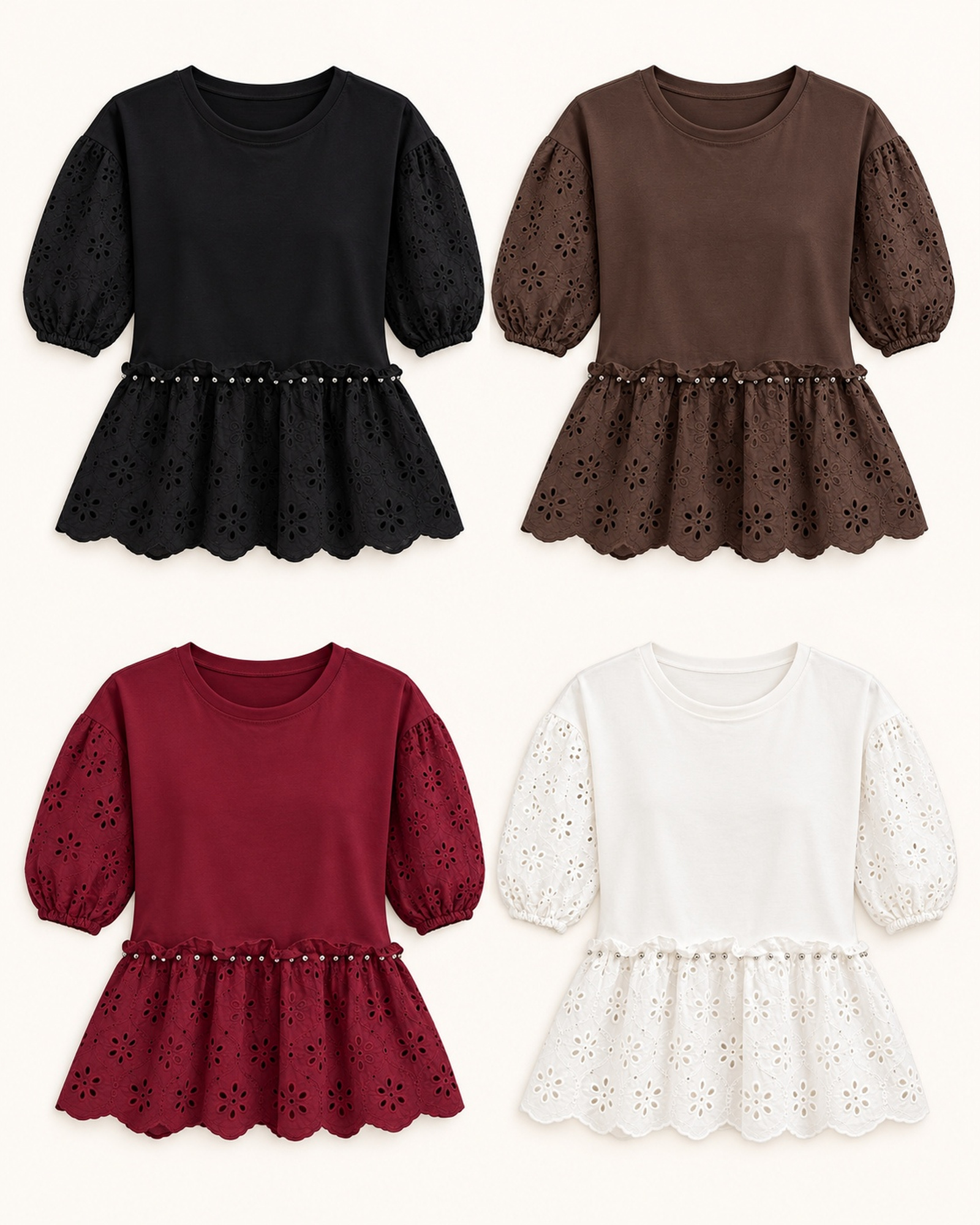 Custom Women’s Eyelet Lace Peplum T-Shirt — VTTS-0052 VTTS-0052 T-shirt color options: black, chocolate brown, burgundy and white