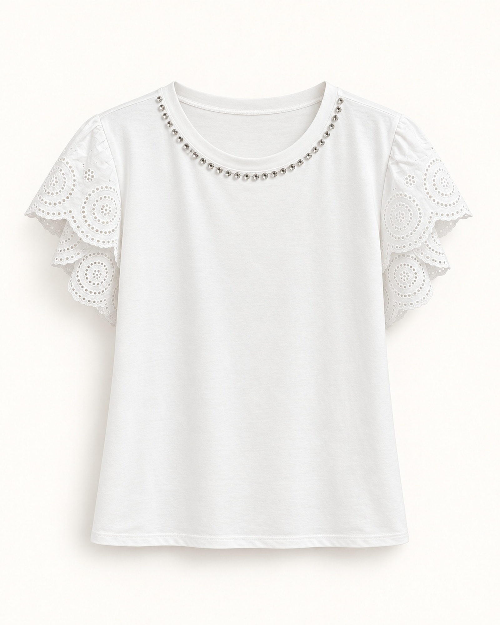 Women’s scalloped eyelet lace sleeves and small stud trim around the neckline T-shirt, front view