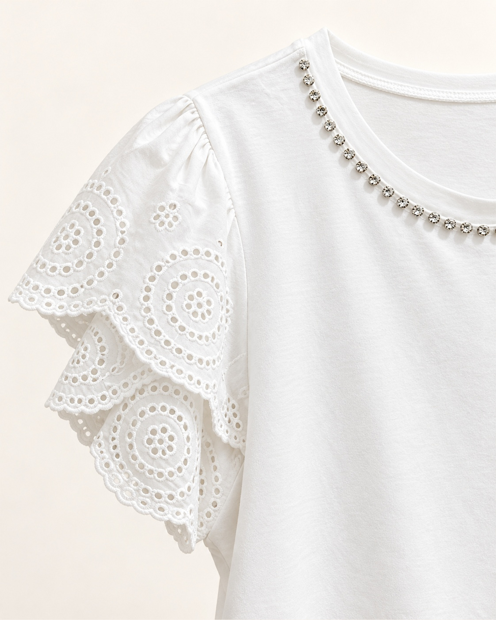 Custom Women’s Lace-Sleeve T-Shirt with Studded Neckline — VTTS-0053 Close-up of the scalloped eyelet lace sleeves and small stud trim around the neckline on VTTS-0053