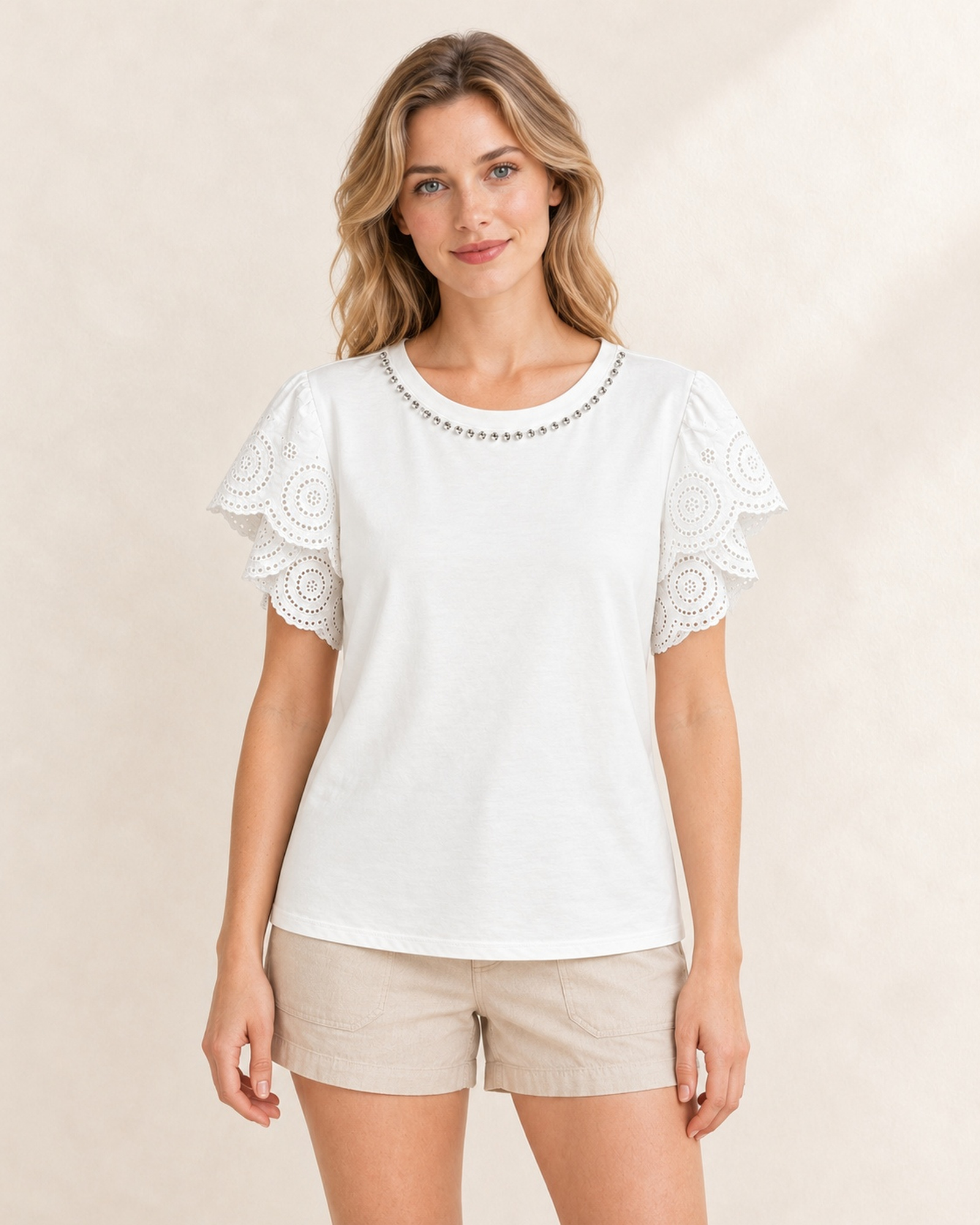 Custom Women’s Lace-Sleeve T-Shirt with Studded Neckline — VTTS-0053 Model wearing the VTTS-0053 women’s short-sleeve T-shirt