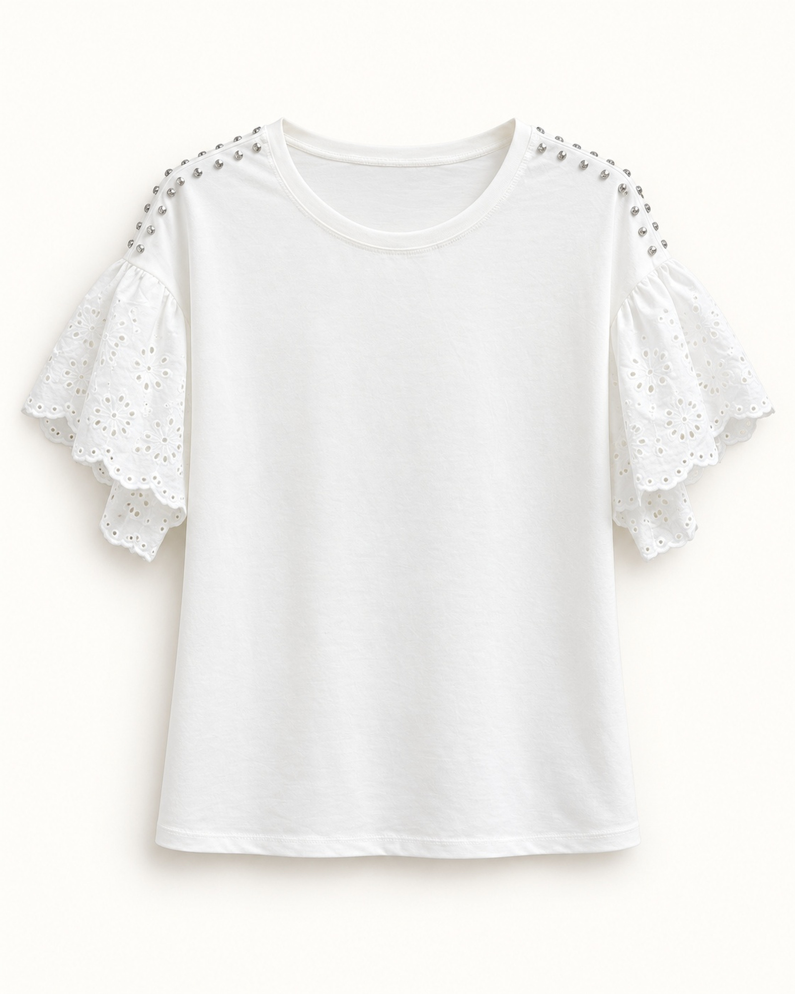 Women’s layered eyelet lace sleeves with stud accents at the shoulders T-shirt, front view