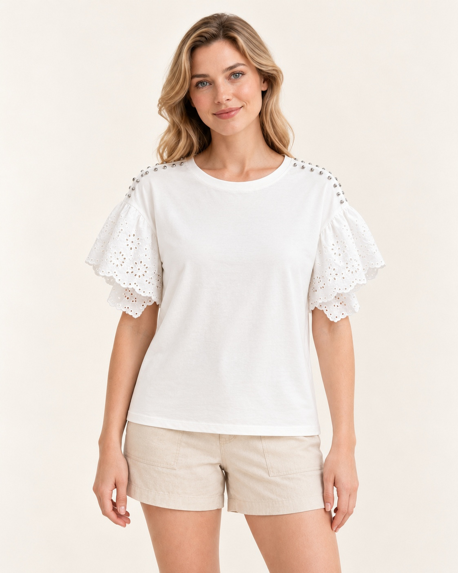 Custom Women’s Layered Lace-Sleeve T-Shirt with Shoulder Studs — VTTS-0054 Model wearing the VTTS-0054 women’s short-sleeve T-shirt