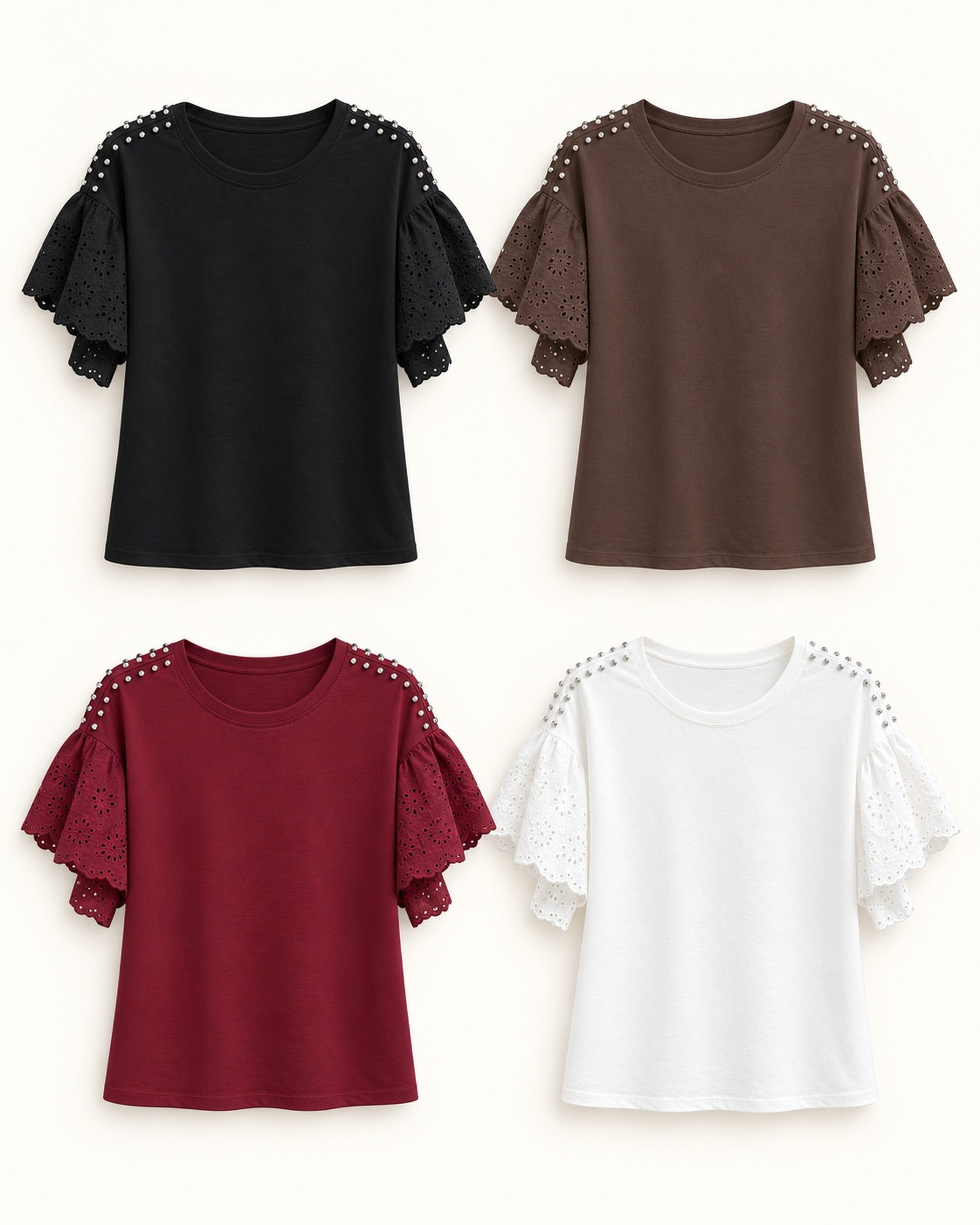 Custom Women’s Layered Lace-Sleeve T-Shirt with Shoulder Studs — VTTS-0054 VTTS-0054 T-shirt color options: black, chocolate brown, burgundy and white