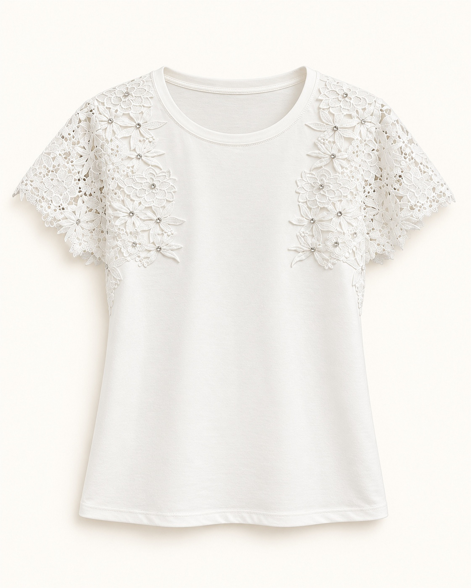 Women’s short sleeves with layered floral lace appliqué T-shirt, front view