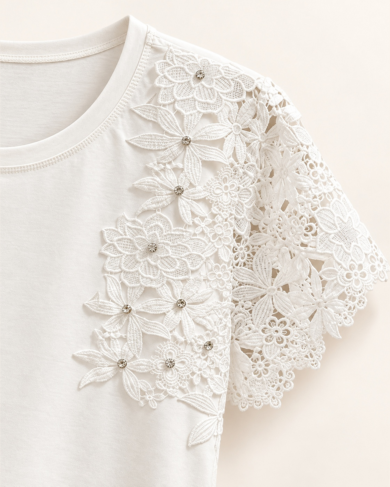 Custom Women’s Floral Lace-Appliqué Sleeve T-Shirt — VTTS-0055 Close-up of the short sleeves with layered floral lace appliqué on VTTS-0055