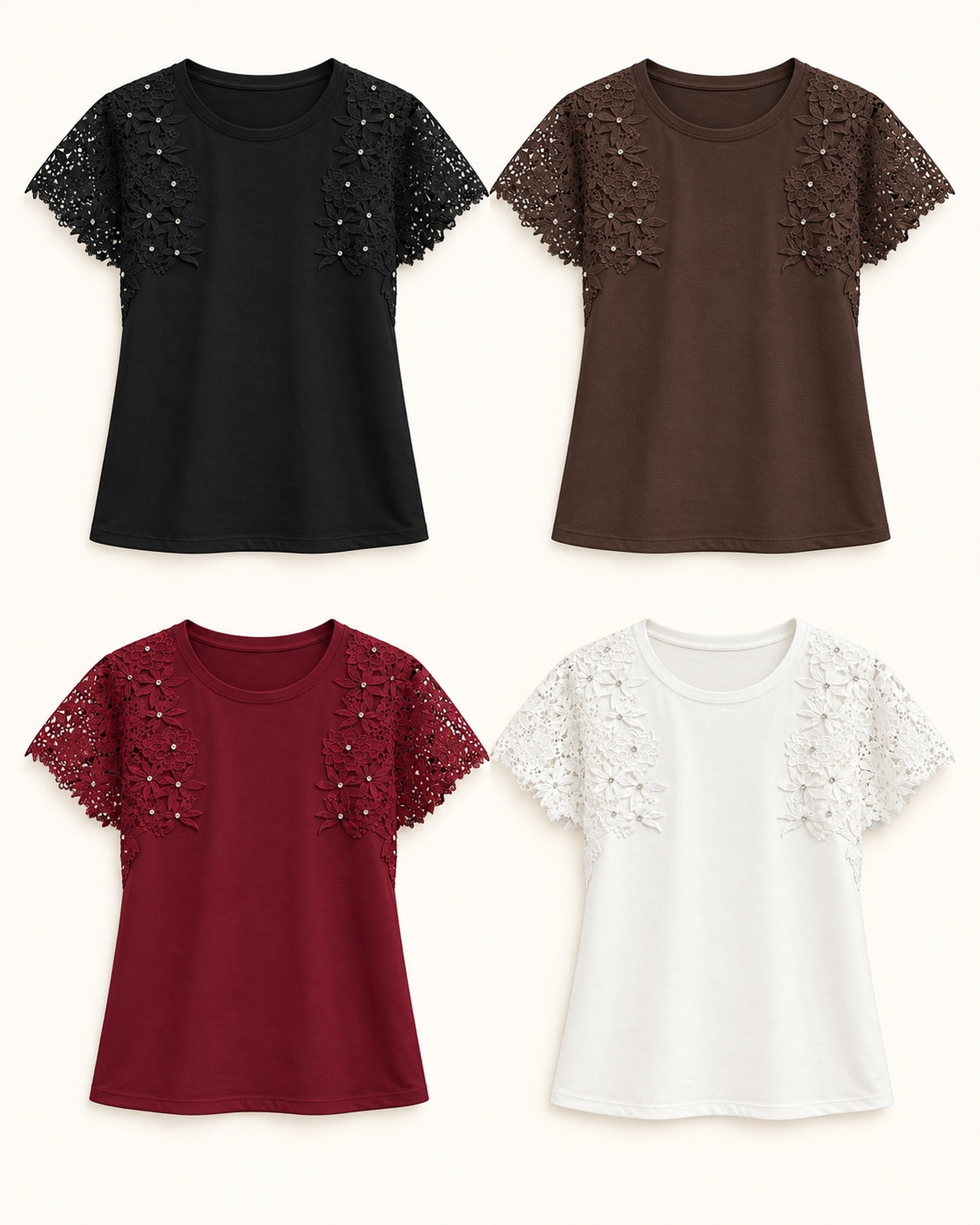 Custom Women’s Floral Lace-Appliqué Sleeve T-Shirt — VTTS-0055 VTTS-0055 T-shirt color options: black, chocolate brown, burgundy and white