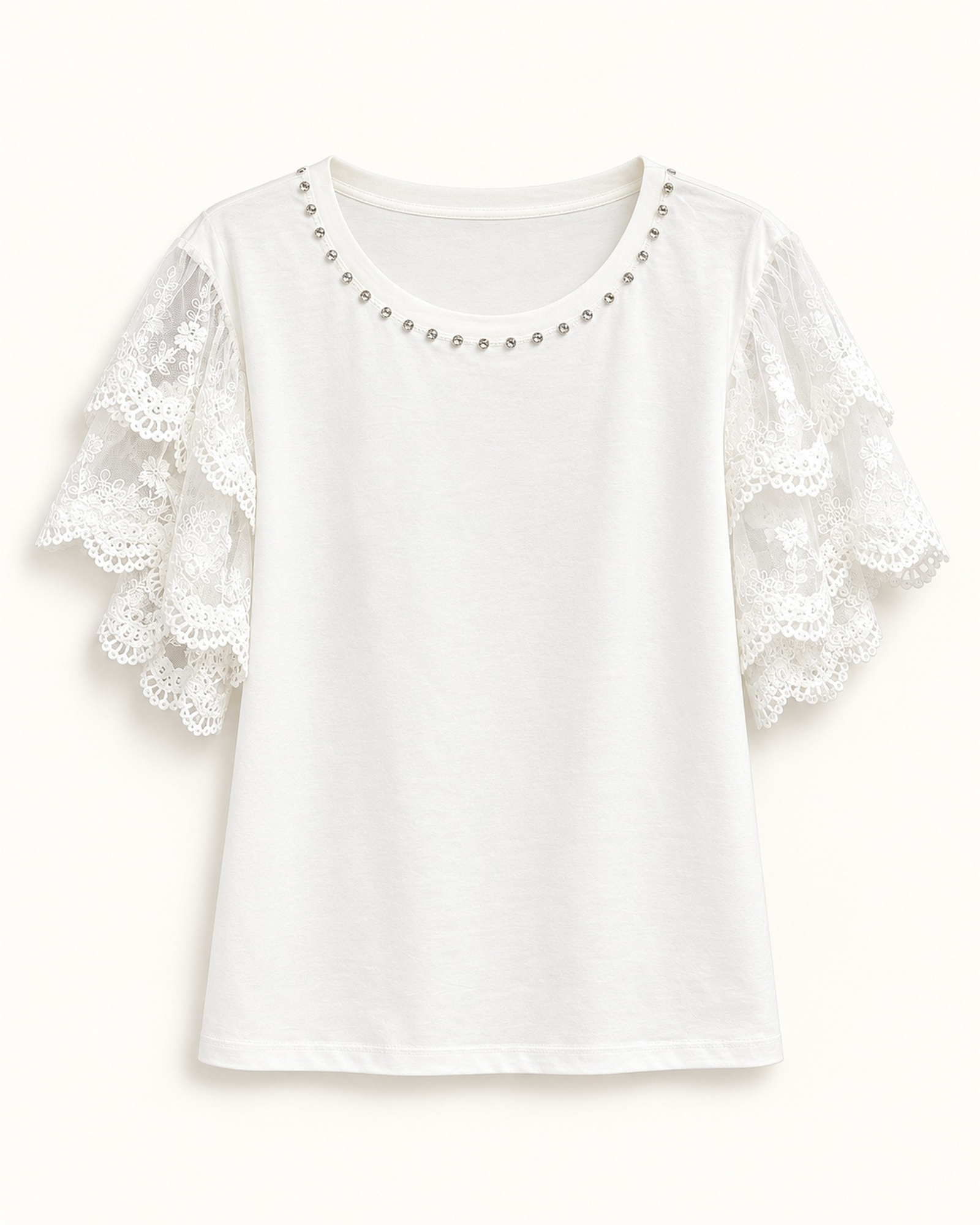 Women’s scalloped eyelet lace sleeves and stud trim around the neckline T-shirt, front view